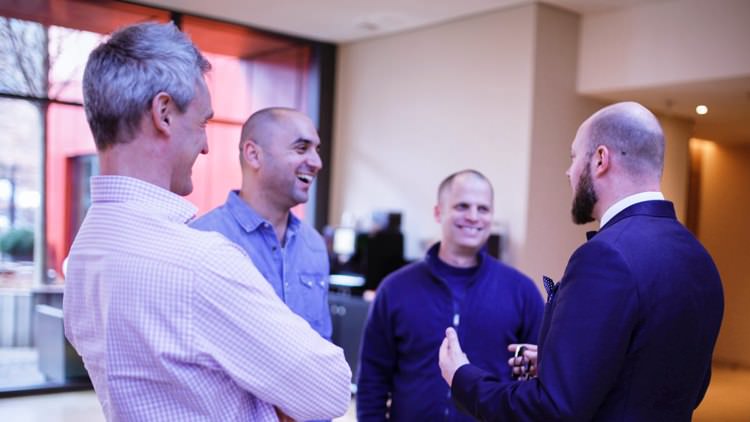 From left to right: Koppelmann, Marketing Director for Germany and Austria, Itai Bichler, Head of Global Digital Marketing, Matti Yahav, VP Global Marketing, (all three from Sodastream) and Nicolas Lecloux, CMO true fruits conversing after the awarding. 